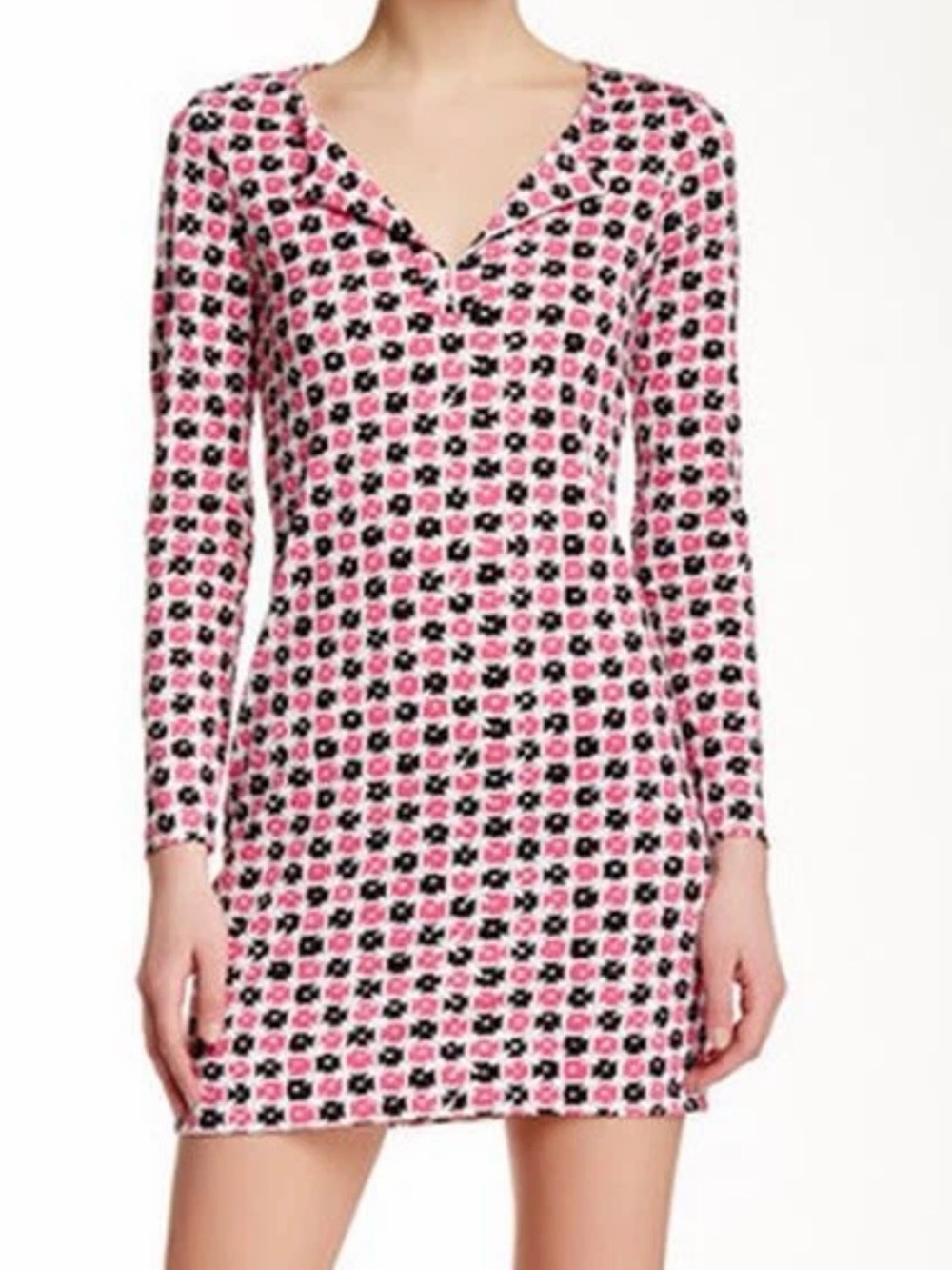 Diane von Furstenberg Reina Check Dot Pink Long Sleeve Dress Size 2